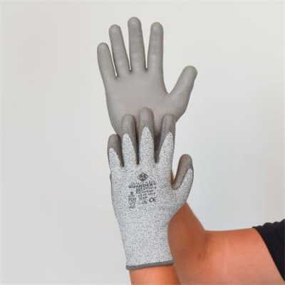 Védőkesztyű, HPPE, tenyerén PU mártott, vágásbiztos, L méret, szürke